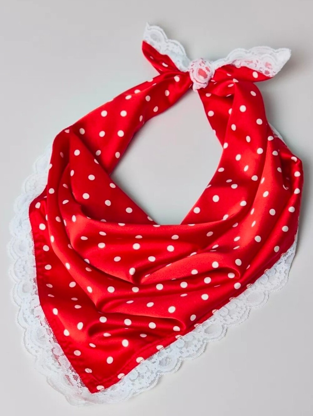 For Love And Lemons Red Silky Polka Dot Scarf with White Lace